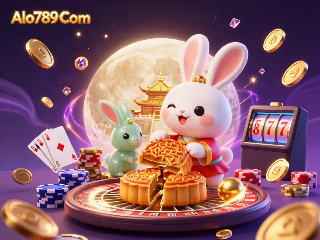 Experience the excitement of Alo789 Com as the moon rabbit unveils poker chips in a vibrant casino scene.