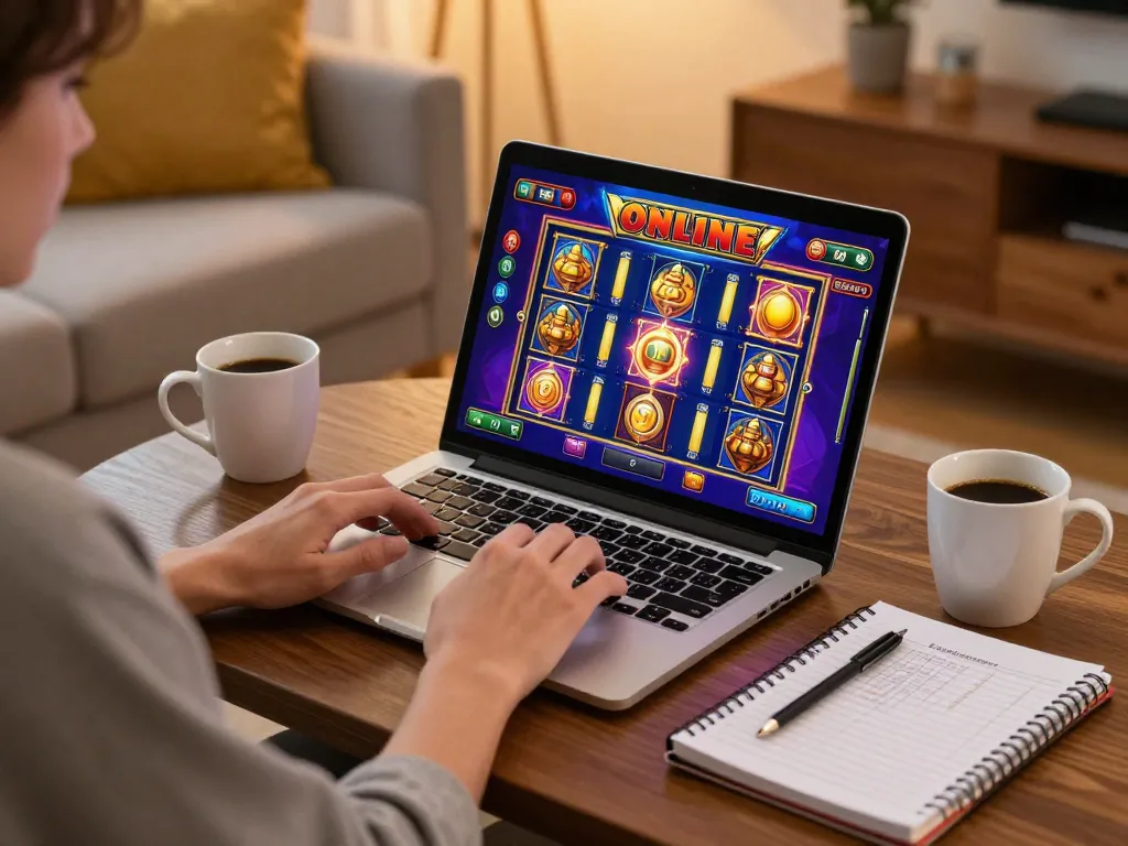 Person engaged in online slots gaming at home, showcasing ee88go interface and cozy vibe