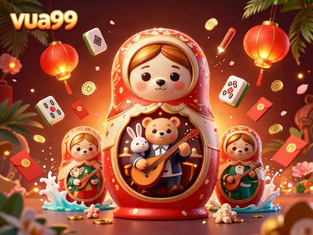 Engage with exciting gaming at vua99 in a vibrant 3D casino scene featuring playful characters and classic elements.