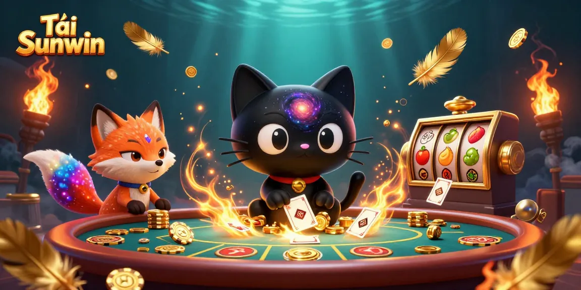Tải Sunwin game action scene with a cosmic cat and fox in a vibrant online casino setting