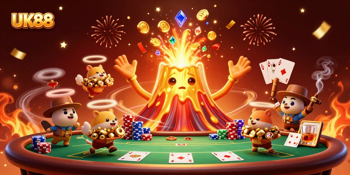 Experience thrilling gaming with UK88 featuring a golden volcano, poker elements, and vibrant treasures.