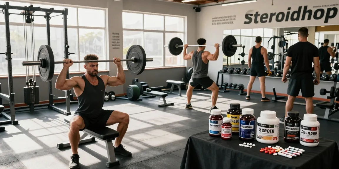 Anaboles Training im Steroidshop mit Bodybuildern, die mit Gewichten trainieren, umgeben von hochwertigen Steroidprodukten.