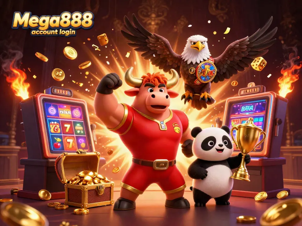 Experience smooth Mega888 account login process with vibrant casino-themed characters and elements.