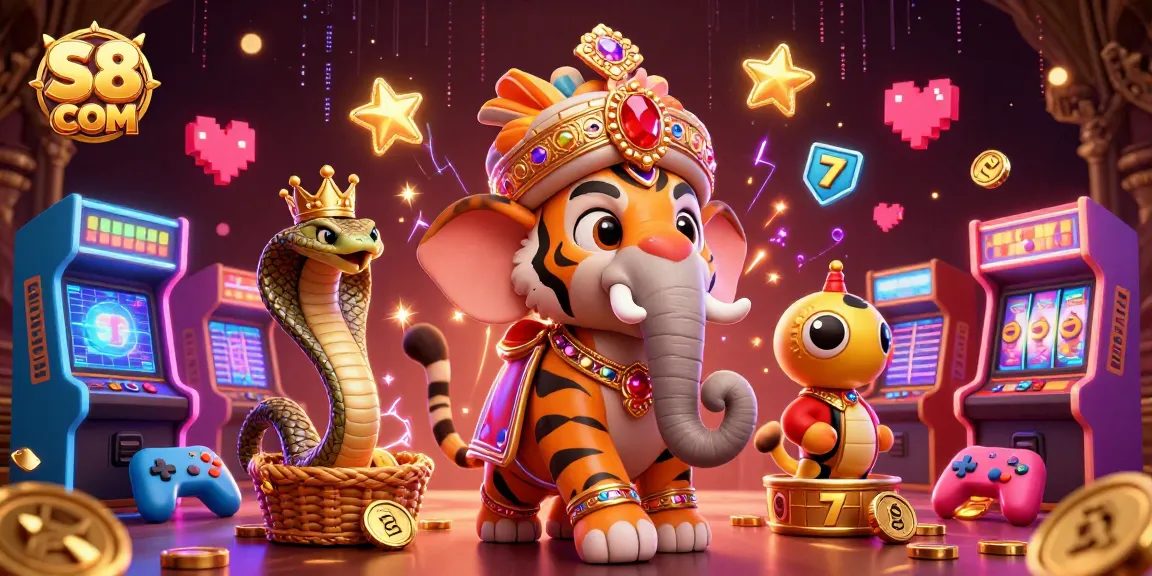 Engage in exciting gaming thrills with S8 COM's vibrant 3D casino scene featuring colorful arcade elements.