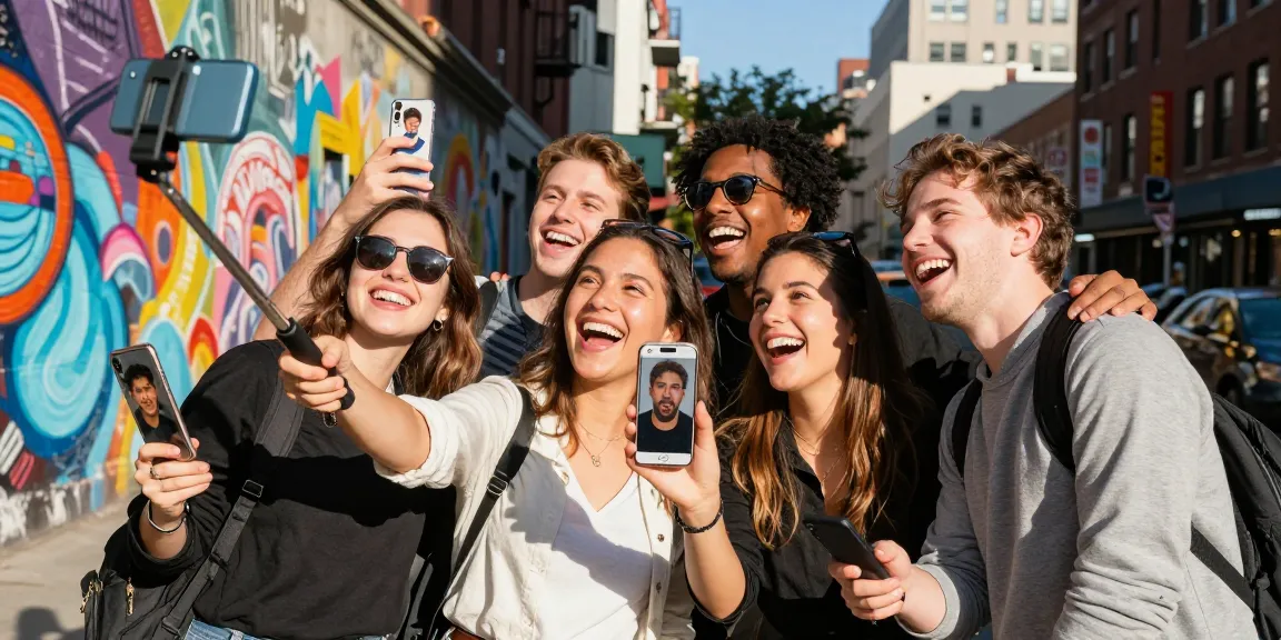 Group enjoying a fun moment discovering celebrities look alike using a face identification app outdoors.