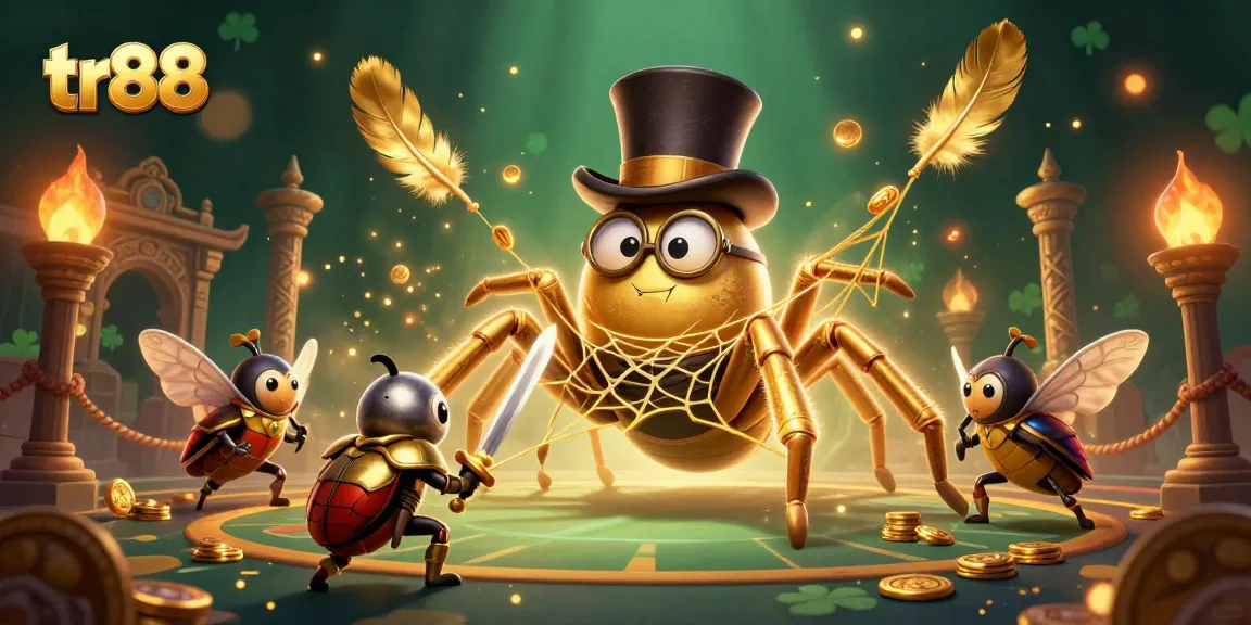 Experience tr88 excitement as a golden tarantula weaves golden threads in a vibrant casino