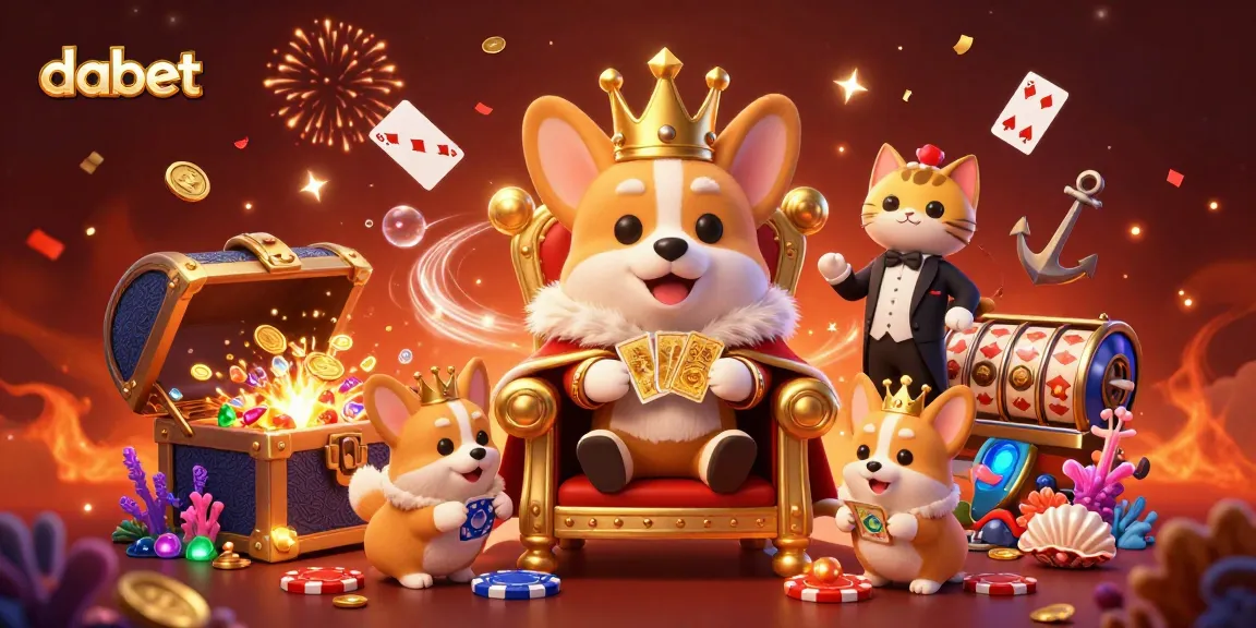 dabet brings the excitement of casino gaming to life with a royal corgi throne and vibrant slot reels.