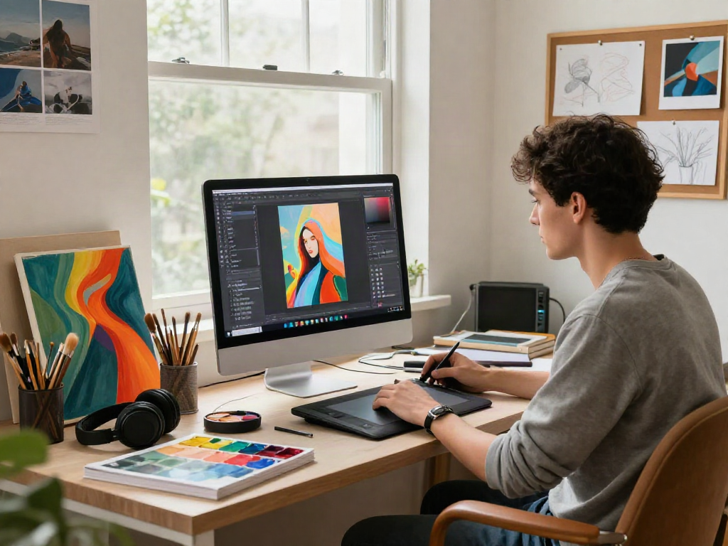 Artist using ai image generator from image in a vibrant studio filled with art supplies and inspiration.