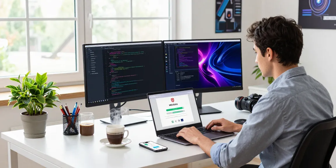 Download WPS Office software in a modern workspace with dual monitors and coffee.