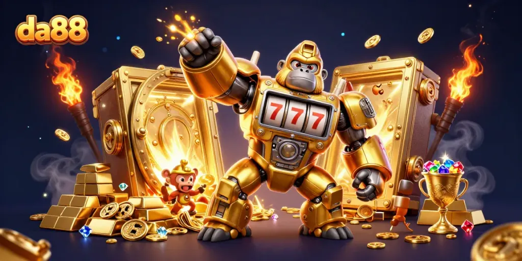Experience thrilling gameplay at da88 with a golden gorilla mech celebrating jackpots and treasures.