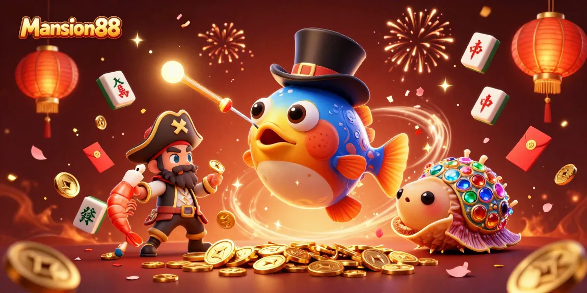 Mansion88's vibrant scene shows a playful anglerfish attracting coins amidst festive elements that celebrate online gambling.