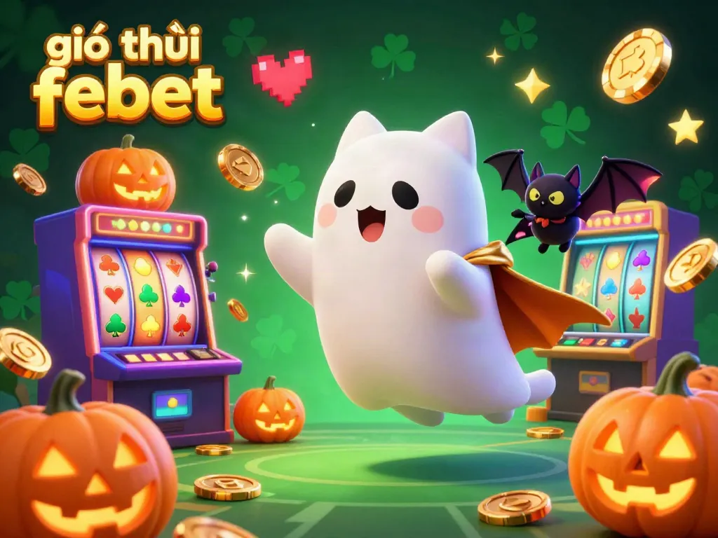 Experience the thrill of giới thiệu febet with a ghost cat and vampire bat amidst vibrant casino elements.