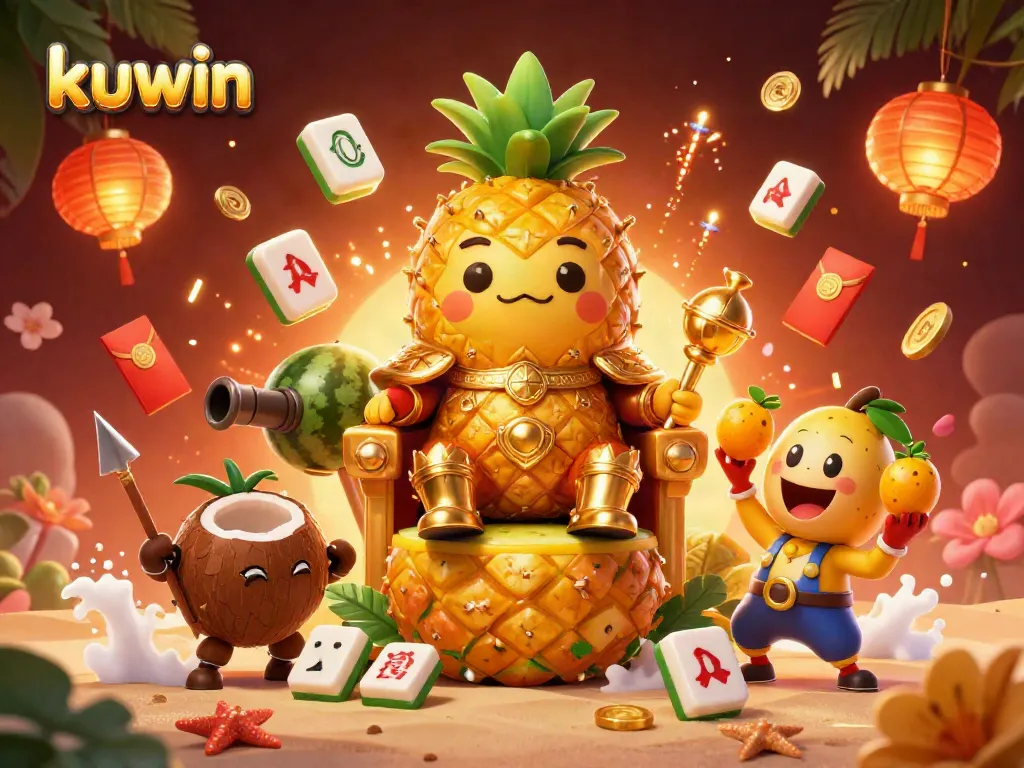 Kuwin showcases a vibrant scene with a golden pineapple king ruling over a dynamic casino beach