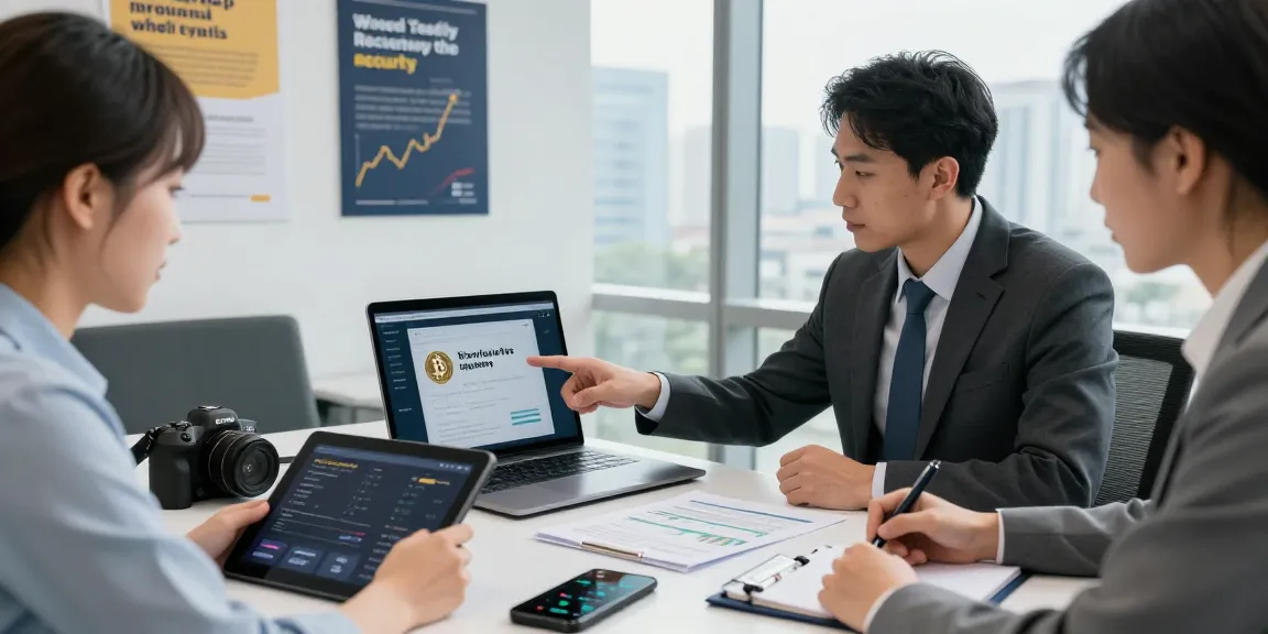 Professionals strategizing to recover lost crypto assets in a bright office environment.