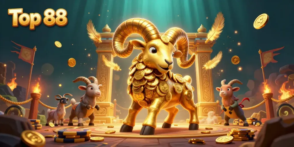 Engaging Top 88 animated illustration showcasing a golden ram charging through a casino-themed scene.