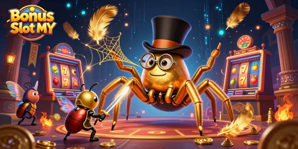 Engage with Bonus Buy Slot MY featuring an adventurous beetle knight and a golden tarantula in a dynamic casino setting.