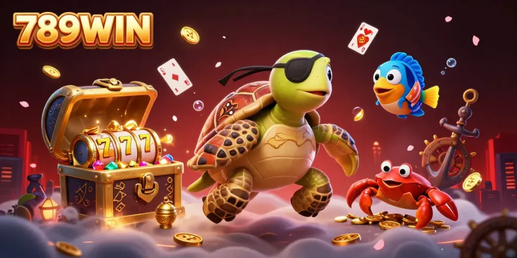 Experience the excitement of 789WIN with animated characters exploring treasures among vibrant slot game elements.
