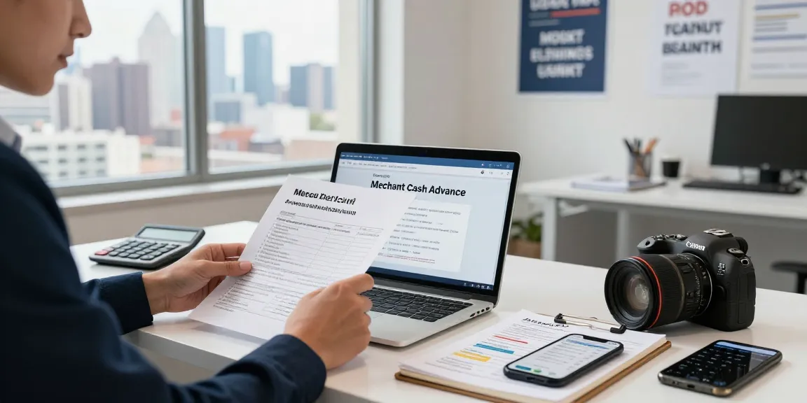 Entrepreneur applying for a same day merchant cash advance in a modern office setting, focused and organized.