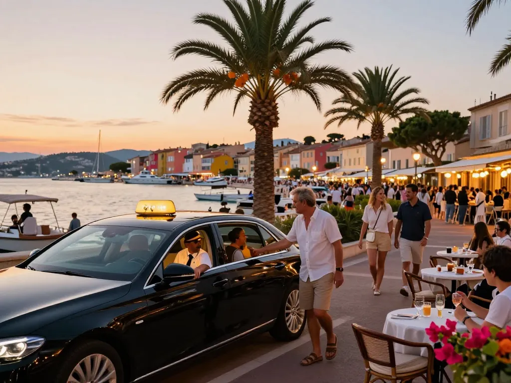 Service de taxi Saint-Tropez, prise en charge sans tracas au coucher du soleil avec un arrière-plan coloré en bord de mer.