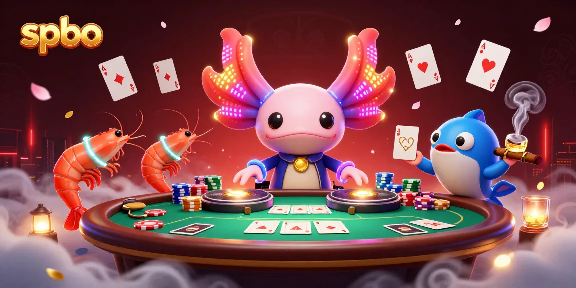 Spbo showcases a vibrant 3D scene with an axolotl DJ and poker elements for gamblers.