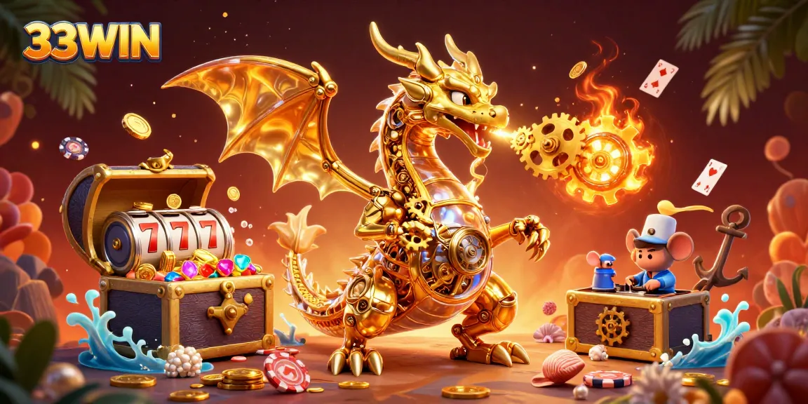 33WIN showcases a 3D dragon amidst slots and poker elements, capturing exciting gambling energy.