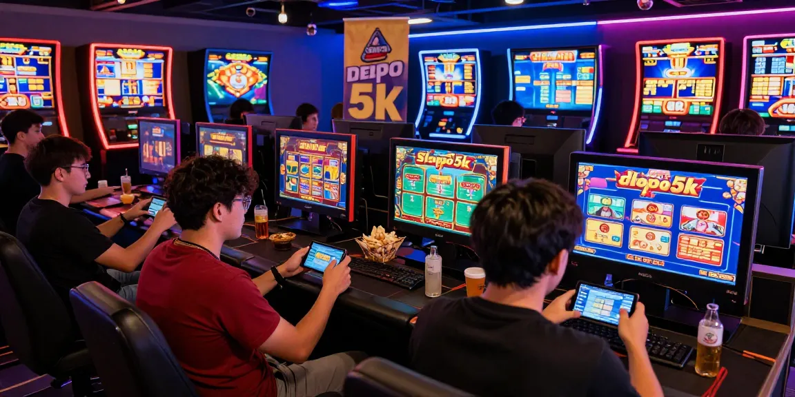 Exciting slot games and players engaging in slot depo 5k action in a vibrant gaming lounge.