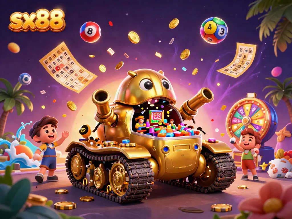 Experience the thrill of sx88 with a vibrant 3D casino scene featuring an animated golden tank and dynamic game elements.