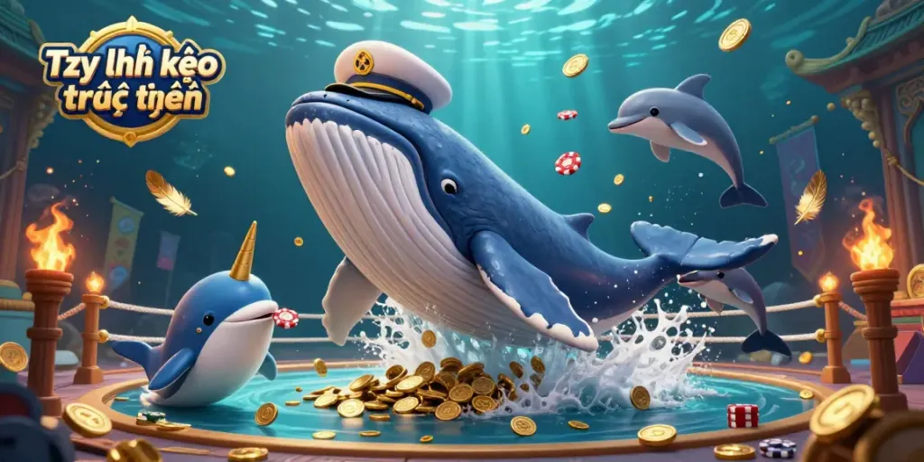 Tỷ lệ kèo trực tuyến illustrated with a cartoon whale and dolphins in a vibrant gambling scene.