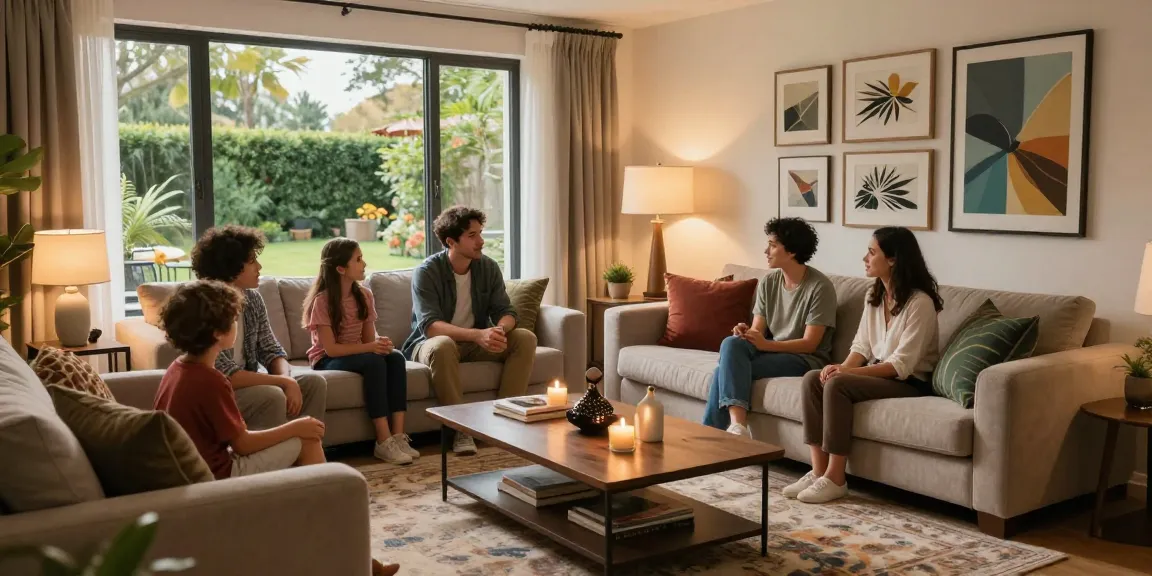 Cozy living room showcasing modern style with a family gathering.