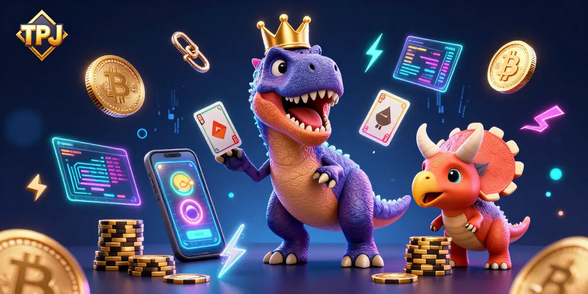 TPJ charming characters shuffle cards while a triceratops stacks chips in a vibrant casino scene.