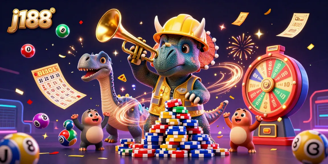 j188 casino celebration scene with triceratops building poker chip pyramid and festive lottery elements