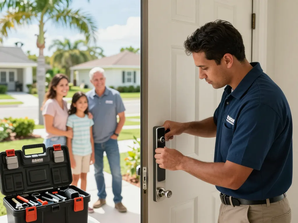 local locksmith Hobe Sound installing a high-security deadbolt in a home, promoting security and expertise in locksmith services