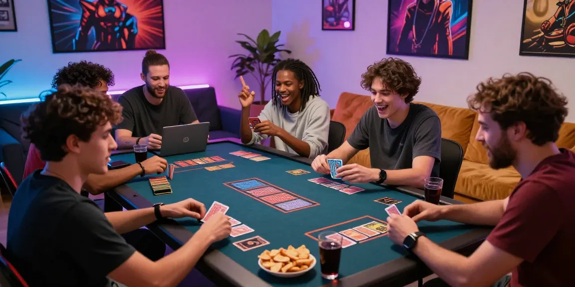 Friends enjoying rikvip card games online in a colorful gaming space.