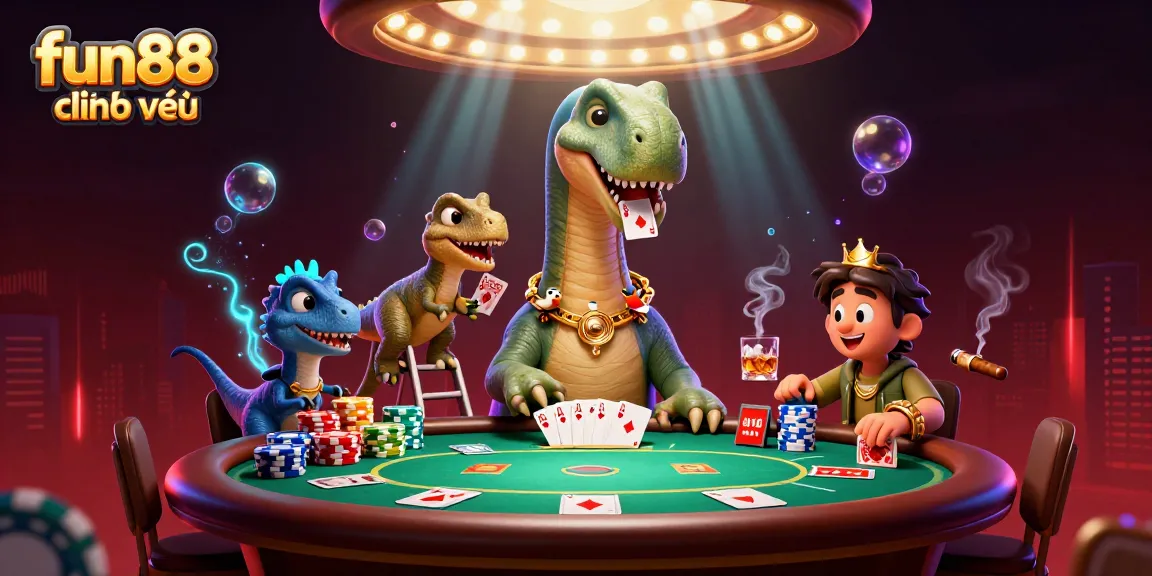 Experience fun88 chính thức with a vibrant scene of casino characters engaged in poker action.
