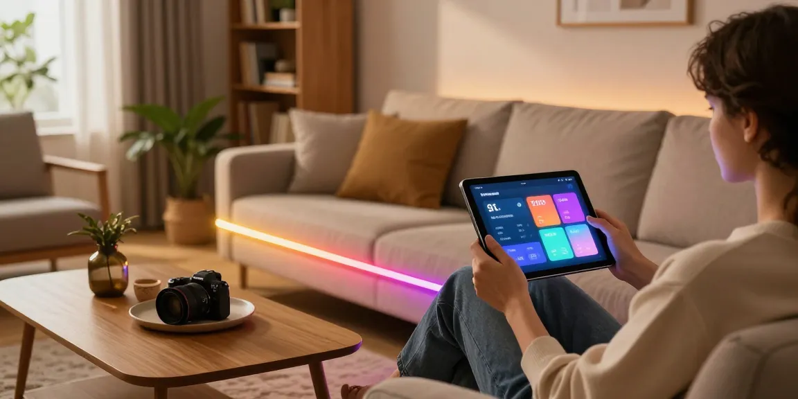 Benzi LED iluminând un living modern, cu o persoană relaxându-se pe canapea.
