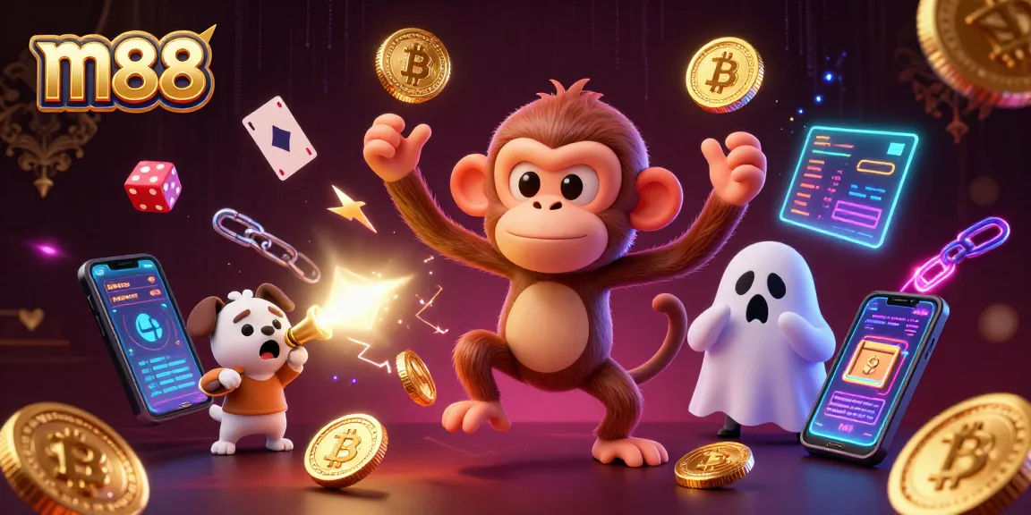 Experience thrilling m88 casino action with a poltergeist monkey and ghost-hunter puppy in a haunted scene.