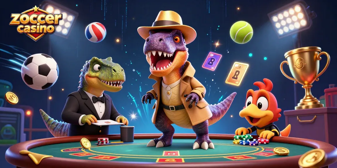 Experience the thrill at Zoccer Casino with a cartoon velociraptor at a blackjack table amid action-packed sports elements.