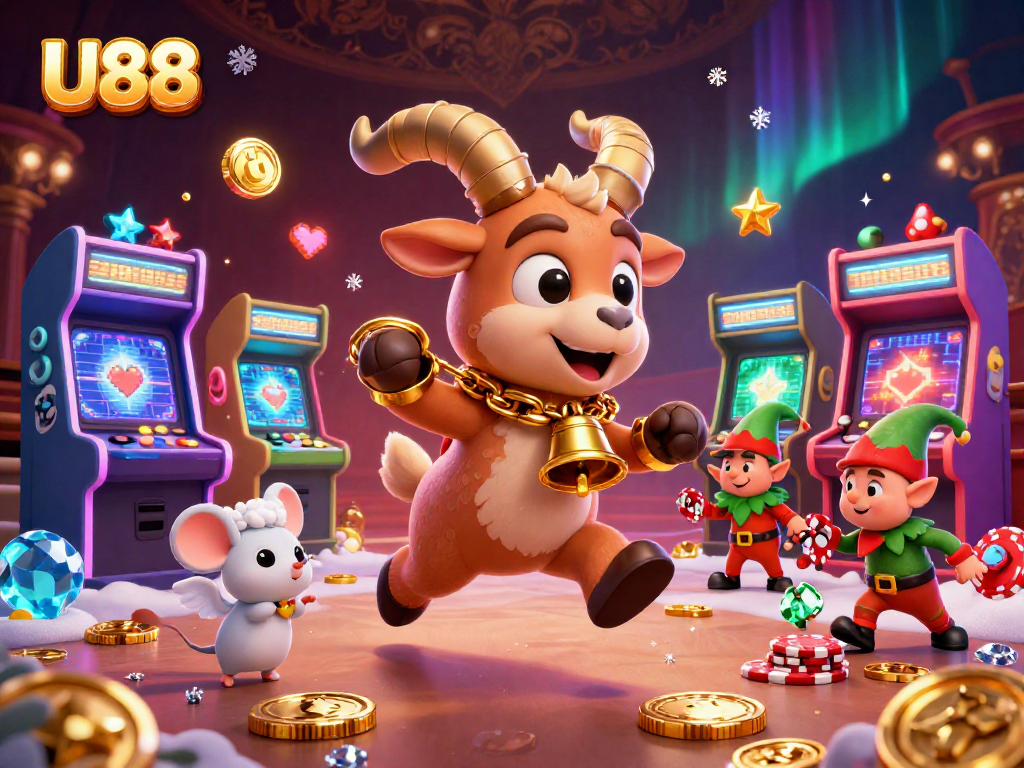 U88 players engage in lively games at a festive casino run by Krampus and his quirky friends.