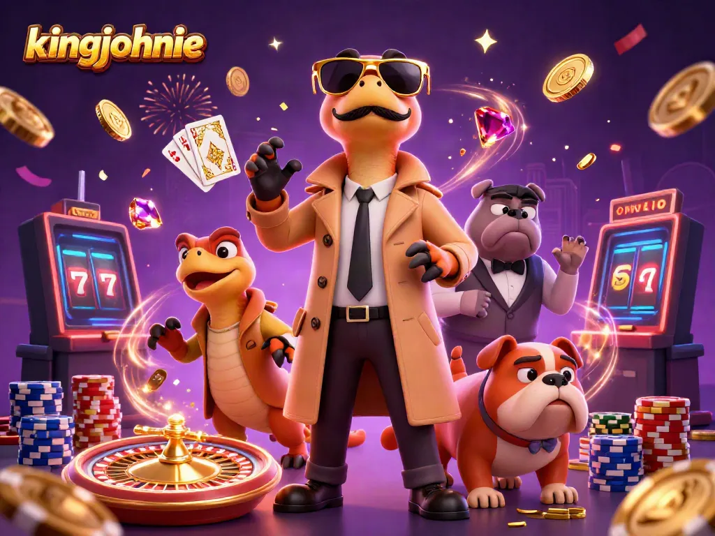 Experience kingjohnnie fun with raptors in a trench coat at a vibrant VIP casino lounge.