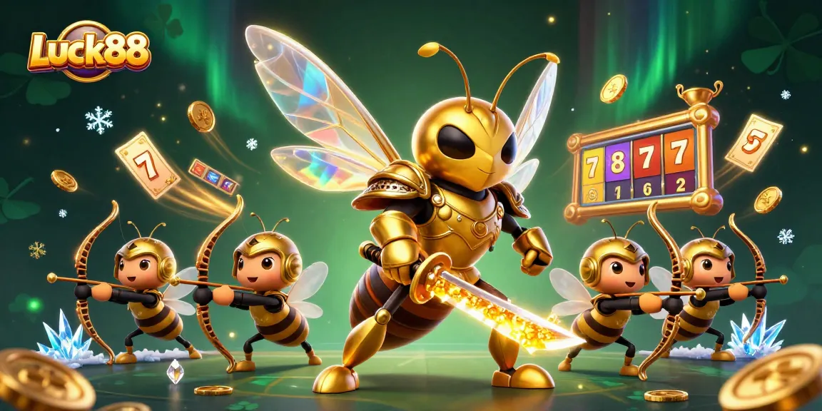 Engaging illustration showcasing Luck88, a lively golden hornet in samurai armor with dynamic slot elements, capturing the casino excitement.