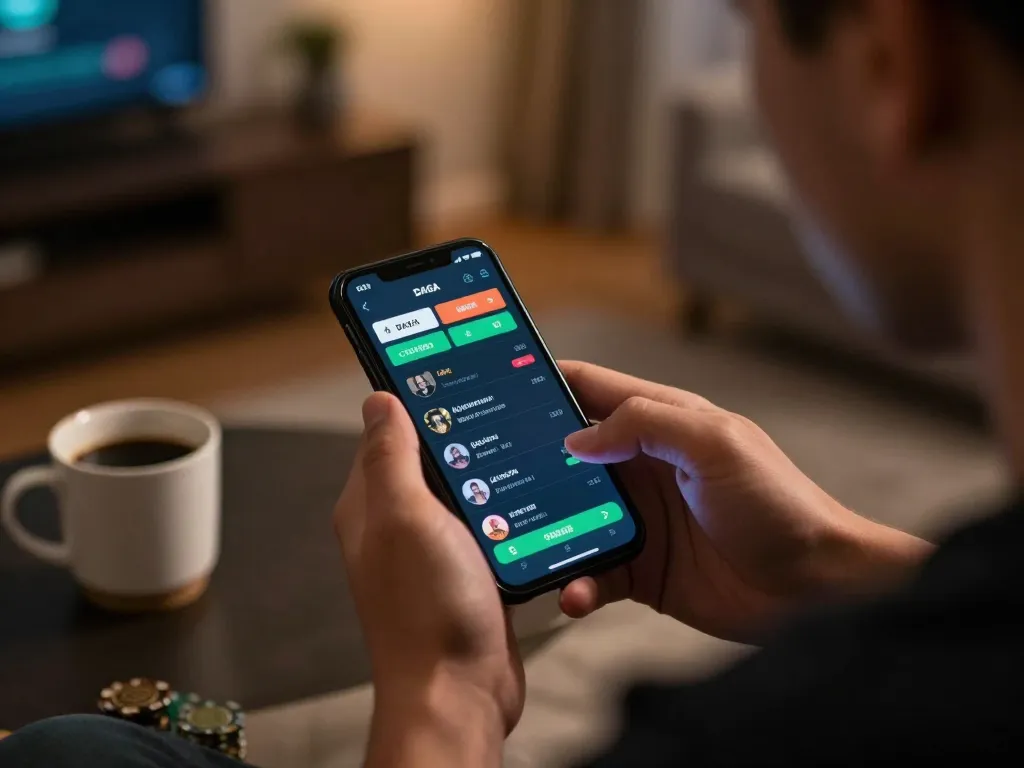 Active player placing bets on the dagago app in a modern home setting, showcasing the excitement of mobile gambling.