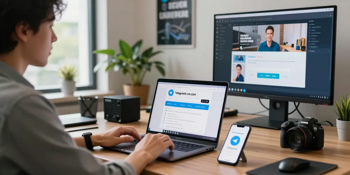Get a glimpse of telegramin-cn.com in a modern tech workspace, showcasing Telegram's interface and devices.