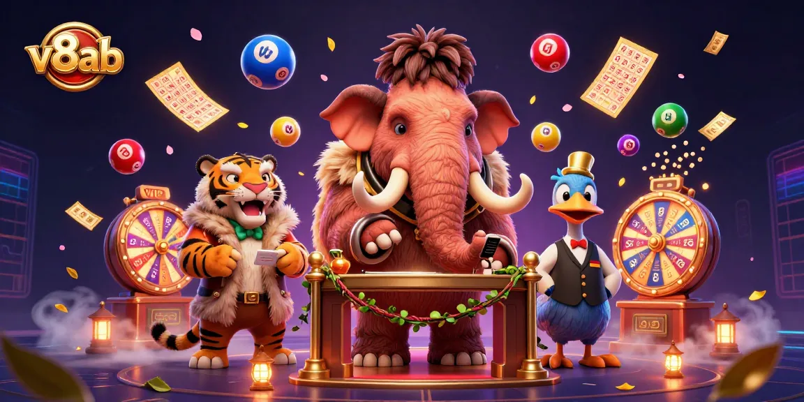 Experience excitement with v8ab as a woolly mammoth checks IDs in a lively casino scene.