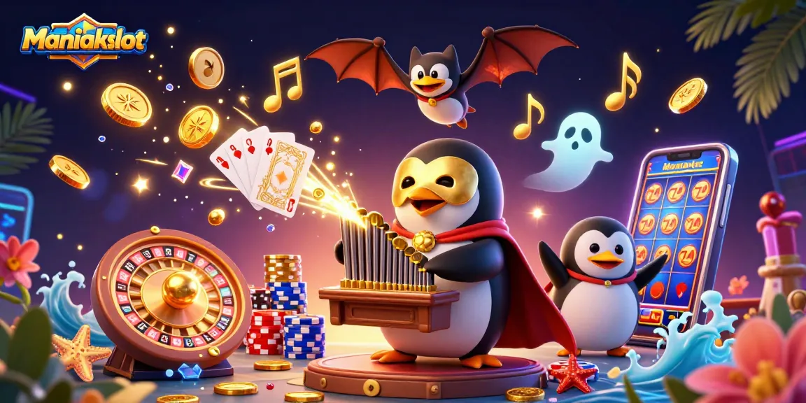 Maniakslot inspires gamers with a vibrant 3D casino illustration featuring dynamic elements.