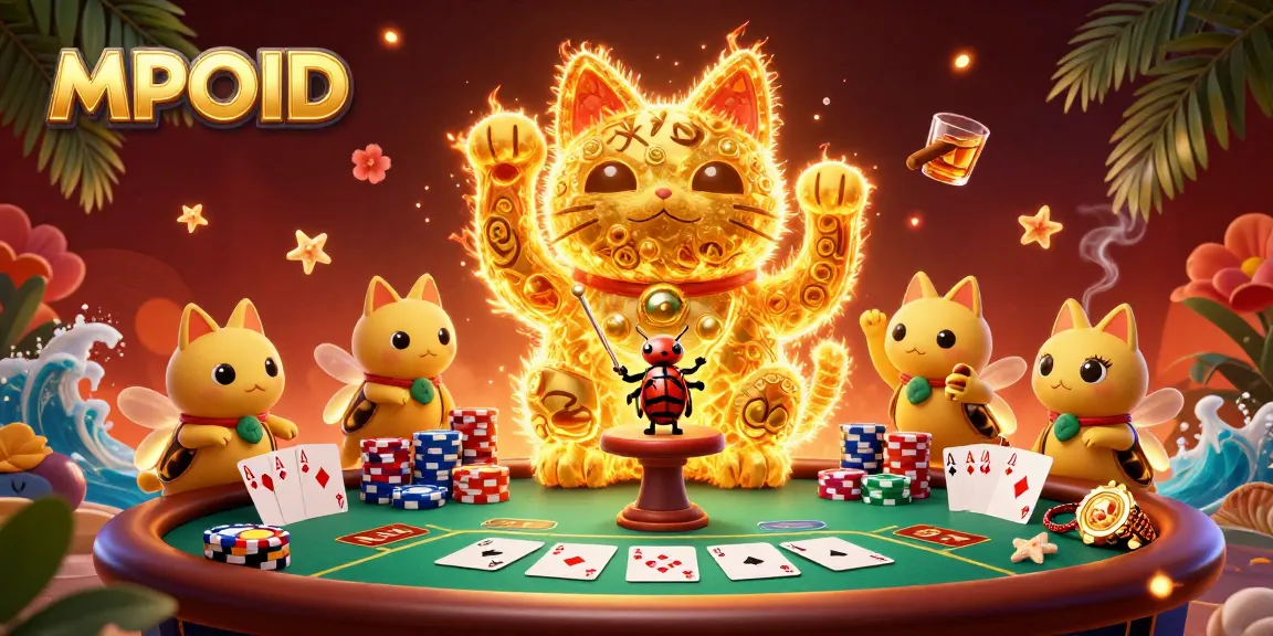 Engage with MPOID's captivating casino scene featuring a golden lucky cat amidst poker thrills.