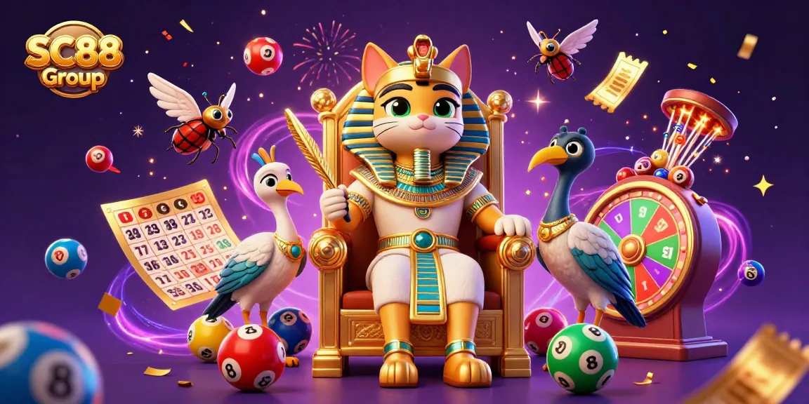 Join the SC88 Group in a vibrant lottery celebration featuring a pharaoh cat in a golden throne.