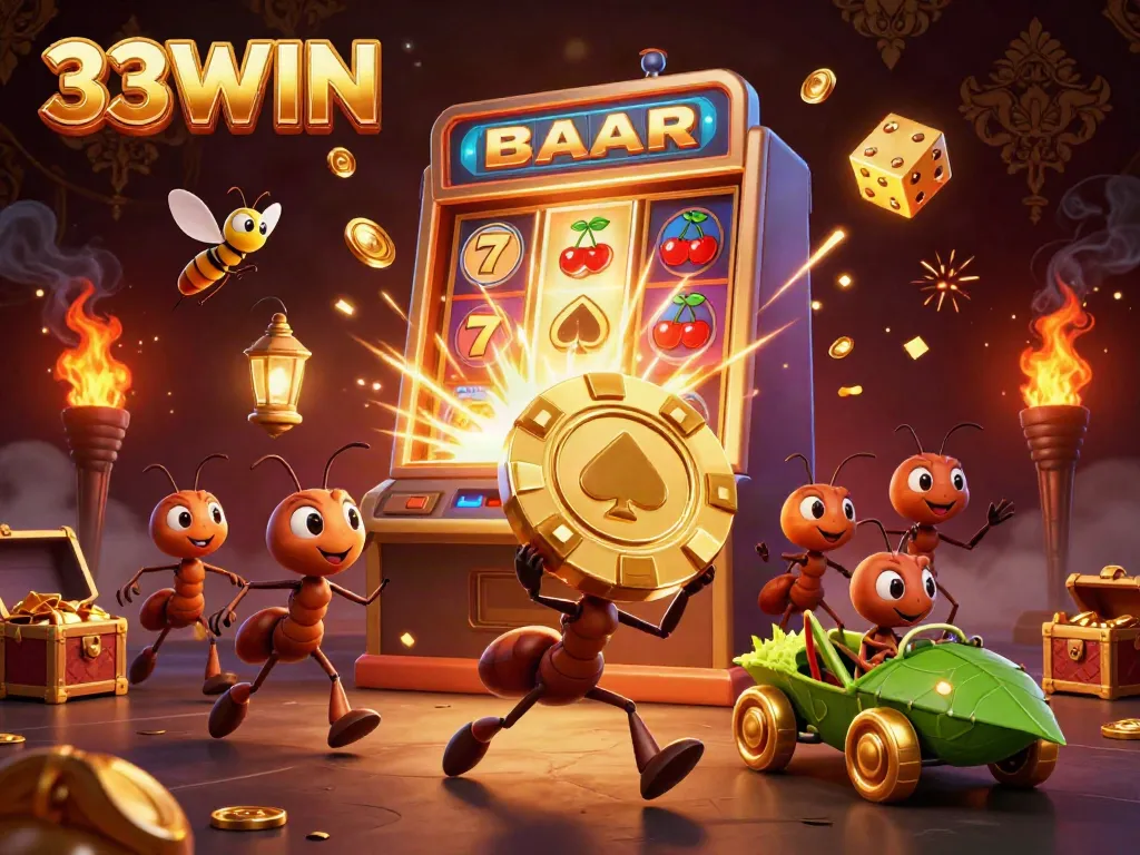 33WIN features ants and team characters dynamically carrying a golden poker chip amidst colorful casino elements.