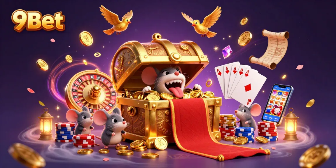 9Bet players enjoy a vibrant 3D casino scene filled with treasure and luxury gaming elements.