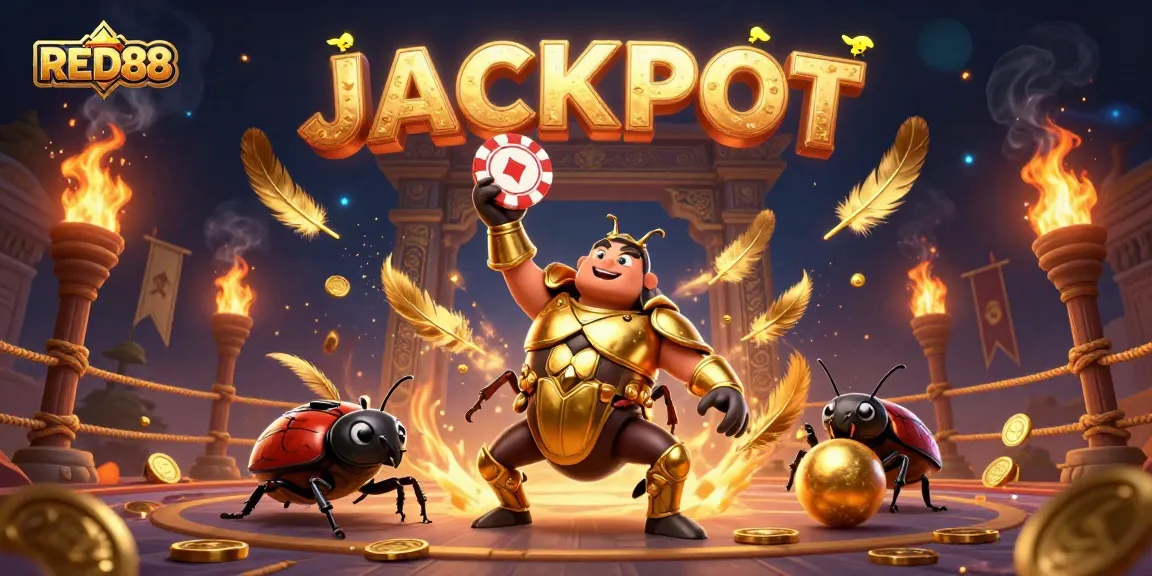 Engage with RED88's thrilling casino experience featuring a vibrant 3D scene with beetles and jackpot elements.