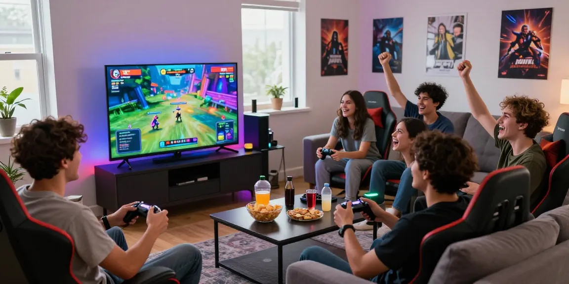 Exciting Iwin gaming party in a modern living room with diverse players enjoying competitive multiplayer games.